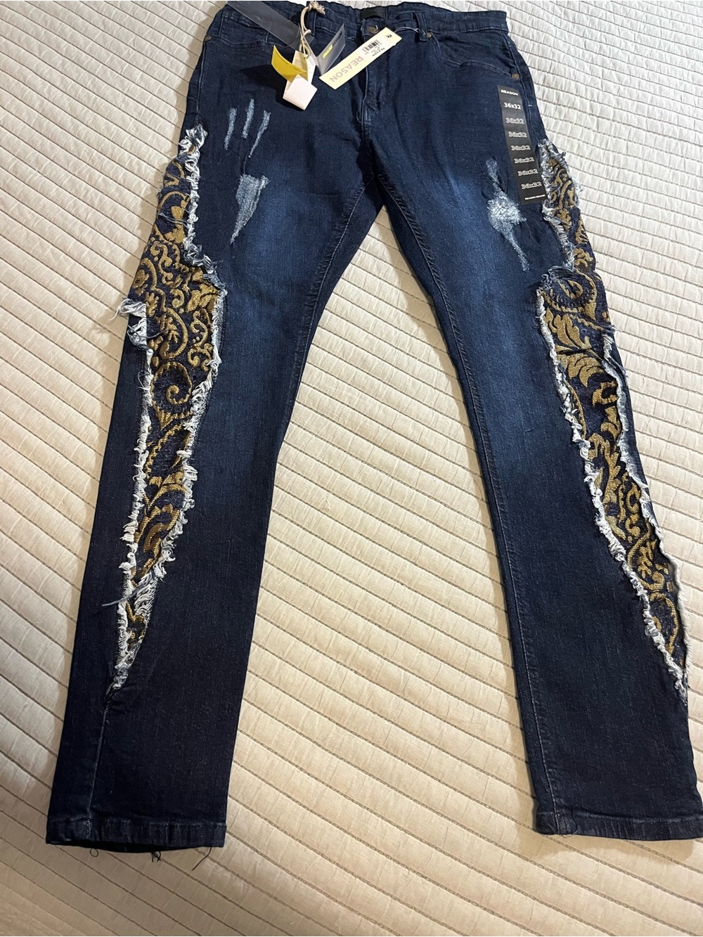 Men’s Dark Blue Distressed Jeans with Gold Brocade Insets 36/32
